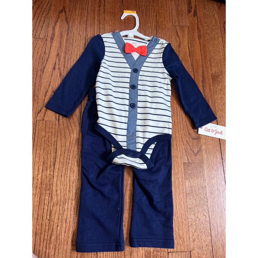 NEW Cat & Jack 2pc Bodysuit Pant Set Baby 12M Blue Striped Heart Bow Tie